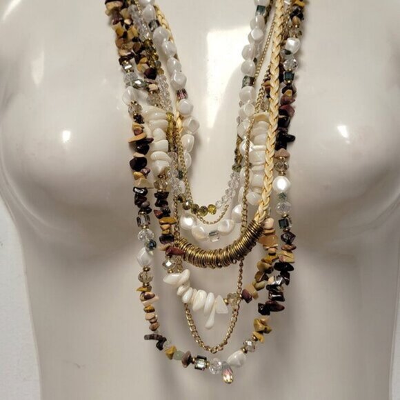 Multistrand Brown and White Bead Necklace Statement Bead Necklace Beach Wedding - Picture 4 of 8